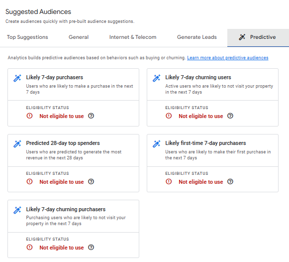 Screenshot showing the audience tab in GA4 and the warning message showing eligibiity.